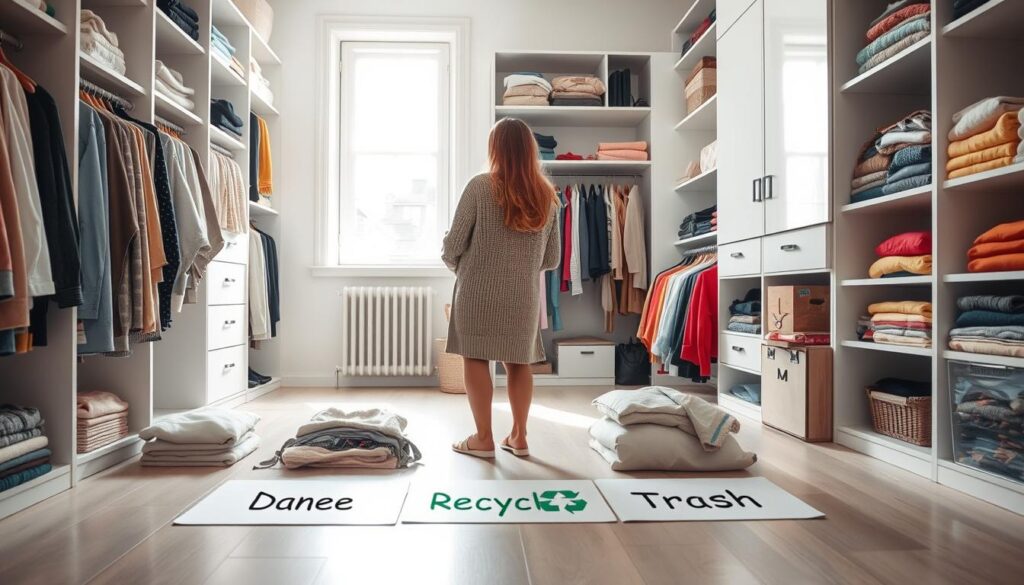 Closet decluttering tips using the four-pile method
