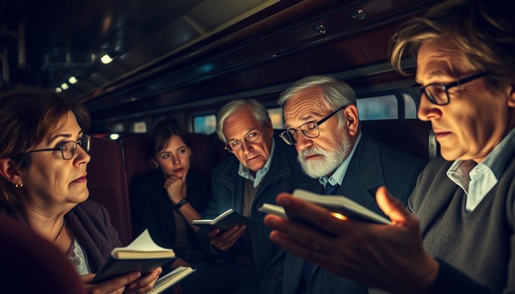 Late-night travelers sharing stories on a train Late-night travelers sharing stories on a train
