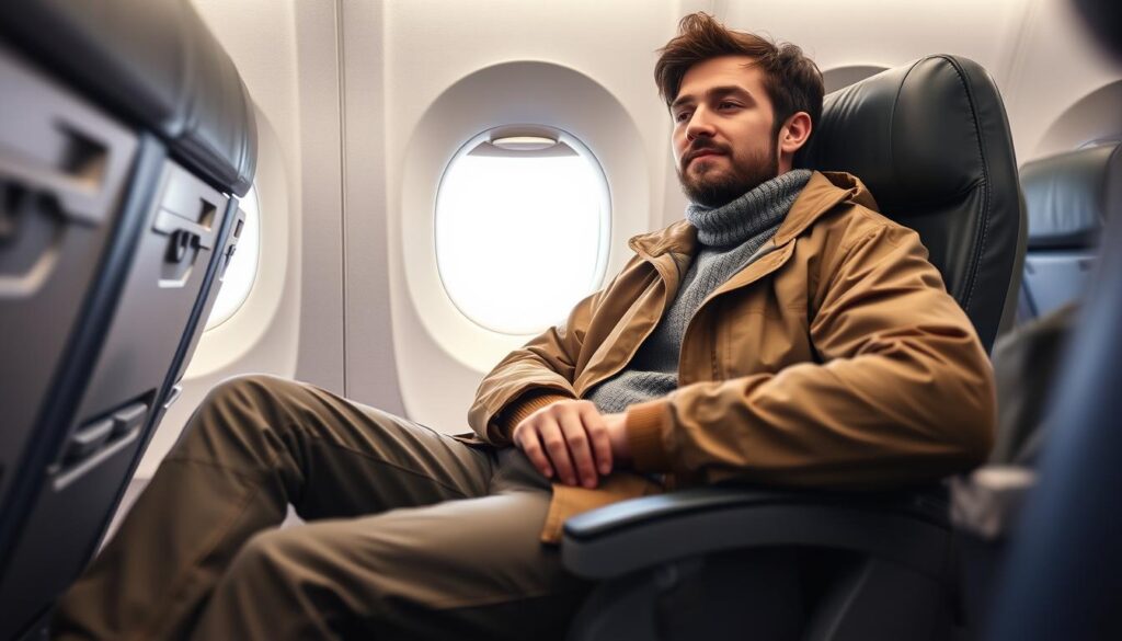 Layering for flights: a traveler in a three-layer outfit on an airplane seat Layering for flights: a traveler in a three-layer outfit on an airplane seat