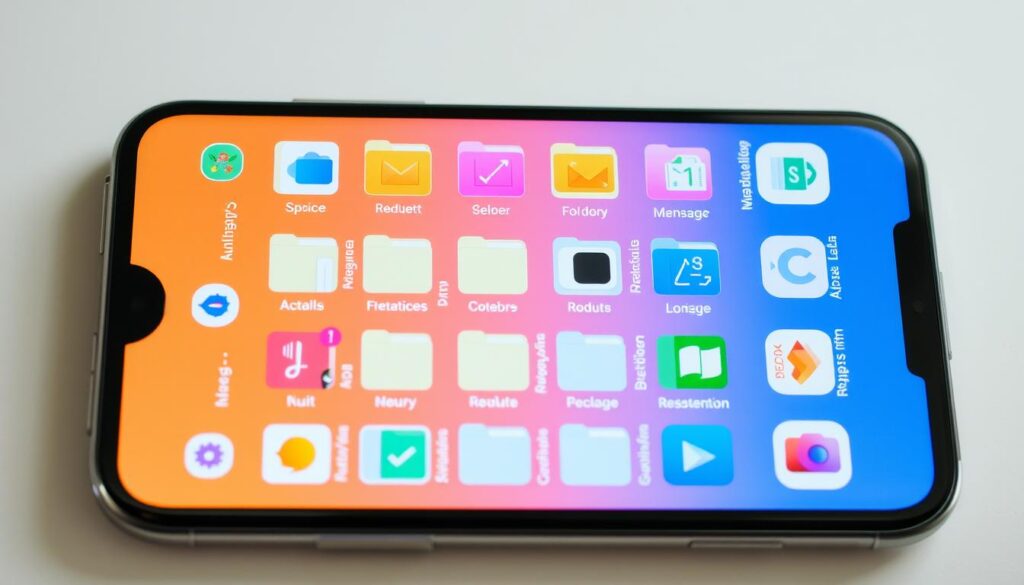 Smartphone home screen with organized folders and widgets