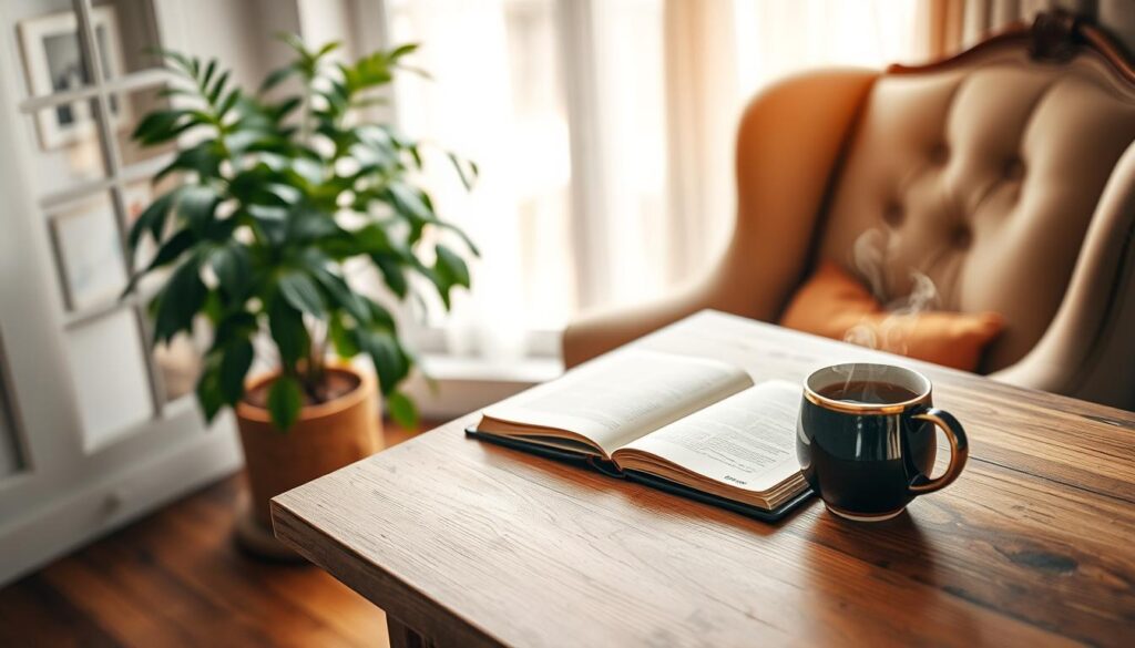 journaling space setup with a notebook and cup of tea journaling space setup with a notebook and cup of tea