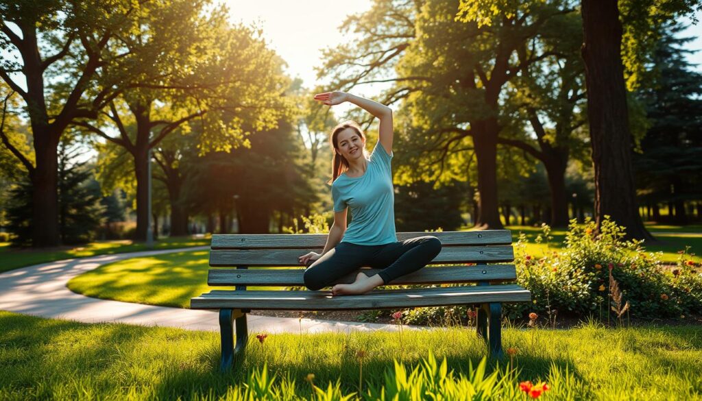 outdoor stretching on a park bench
